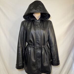 Vintage Studio C Leather Coat With Removable liner & Hood Adjustable Cinch Waist
